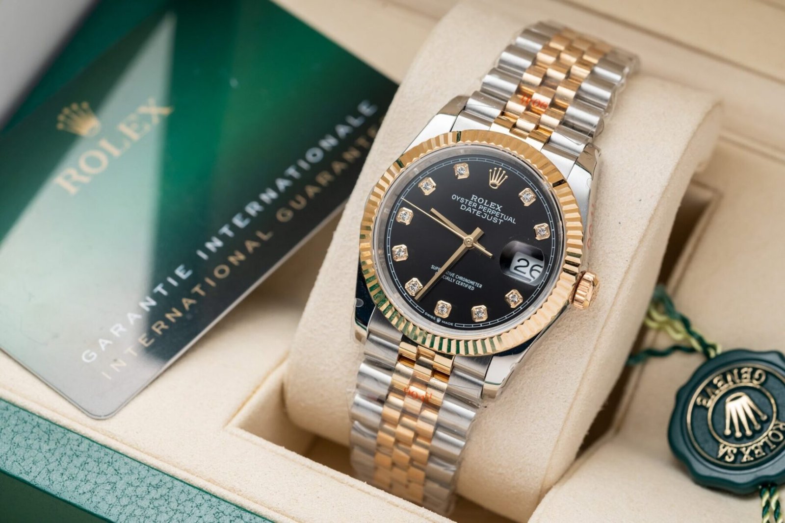 1750588252-109.jpg Rolex Datejust SS/RG Plated Black Dial CZ Diamonds 36mm Jub Super Clone - 图片 1