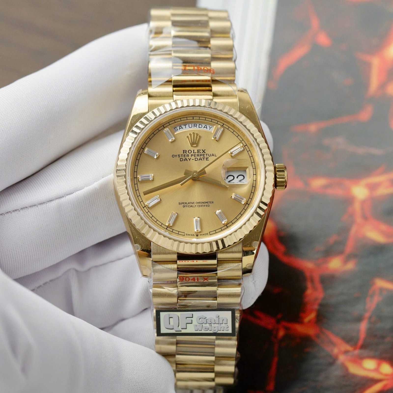 1750588806-320.jpg Rolex Day-Date 128238 YG Plated Champagne Dial Baguette Diamonds 36mm Super Clone - 图片 1