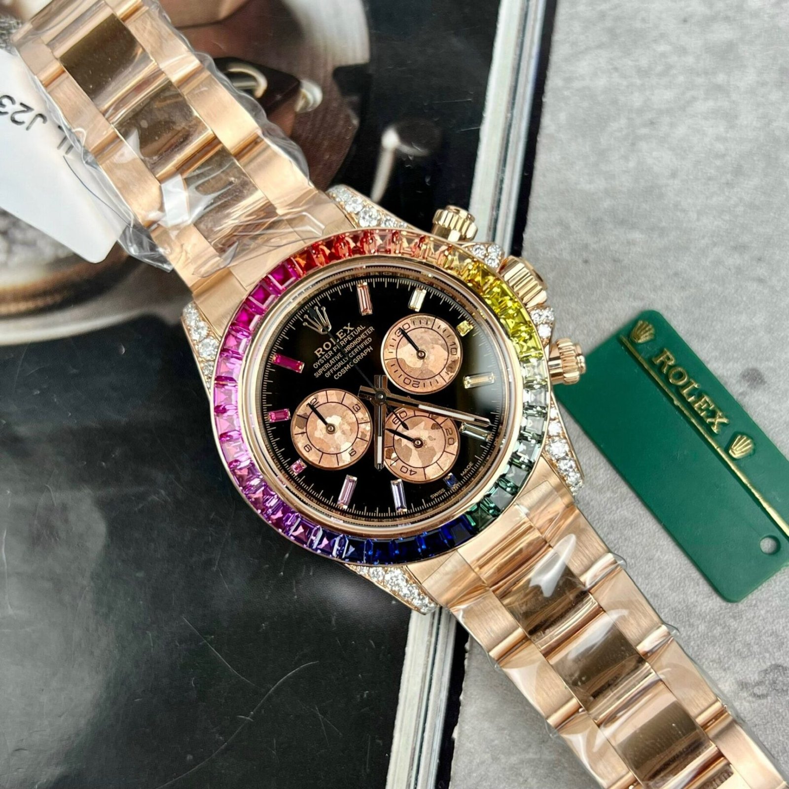 1750588921-367-1.jpg Rolex Daytona 116595RBOW Rainbow RG Plated Black Dial With Diamonds 40mm Oyster Super Clone - 图片 1