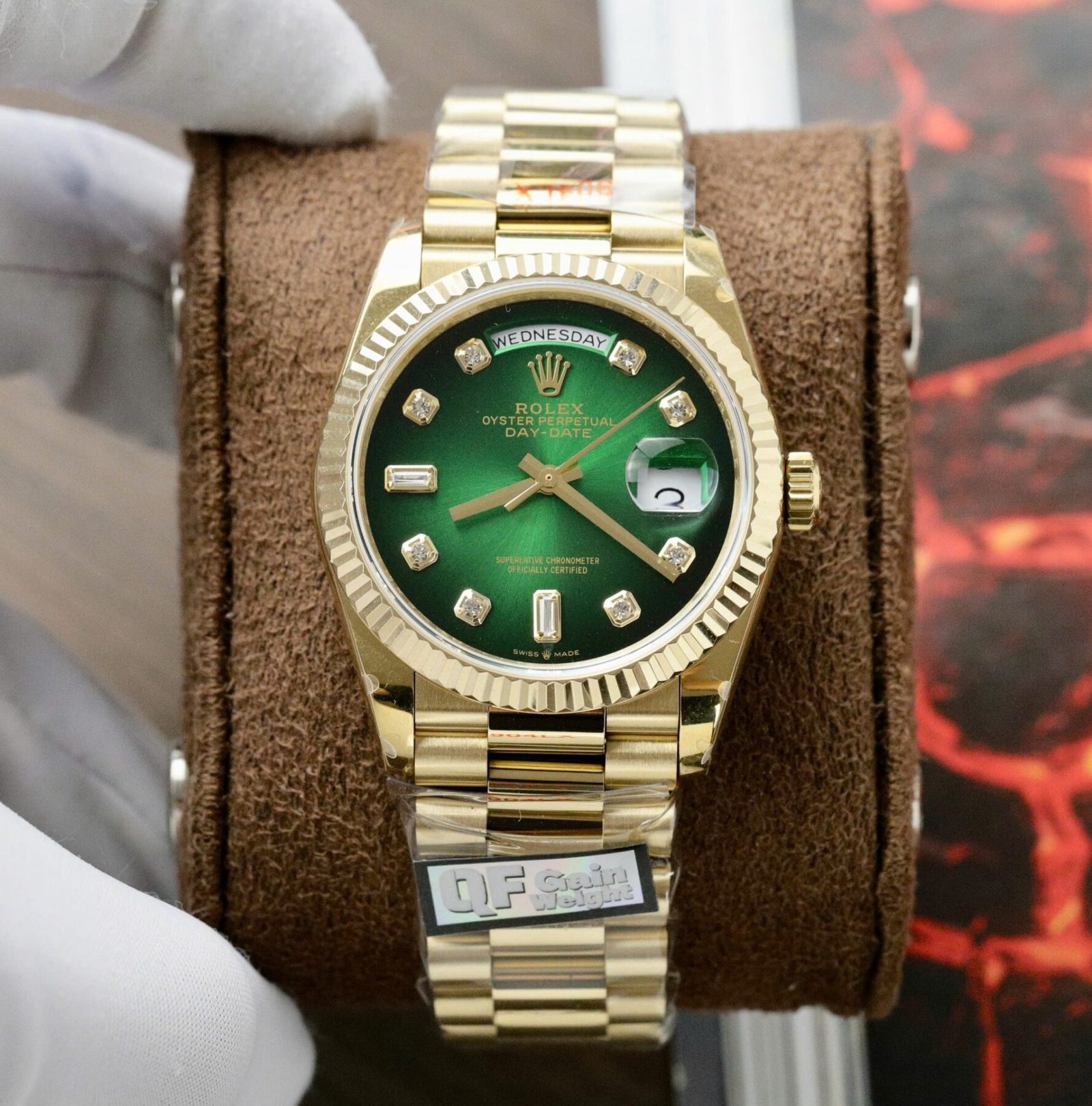 1750589120-447.jpg Rolex Day-Date 128238 YG Plated Ombre Green Dial CZ Diamonds 36mm Super Clone - 图片 1