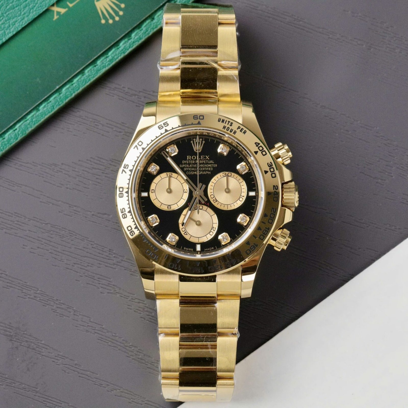 1750589158-462.jpg Rolex Daytona 116508 YG Plated Black Dial CZ Diamonds 40mm Oyster Super Clone - 图片 1