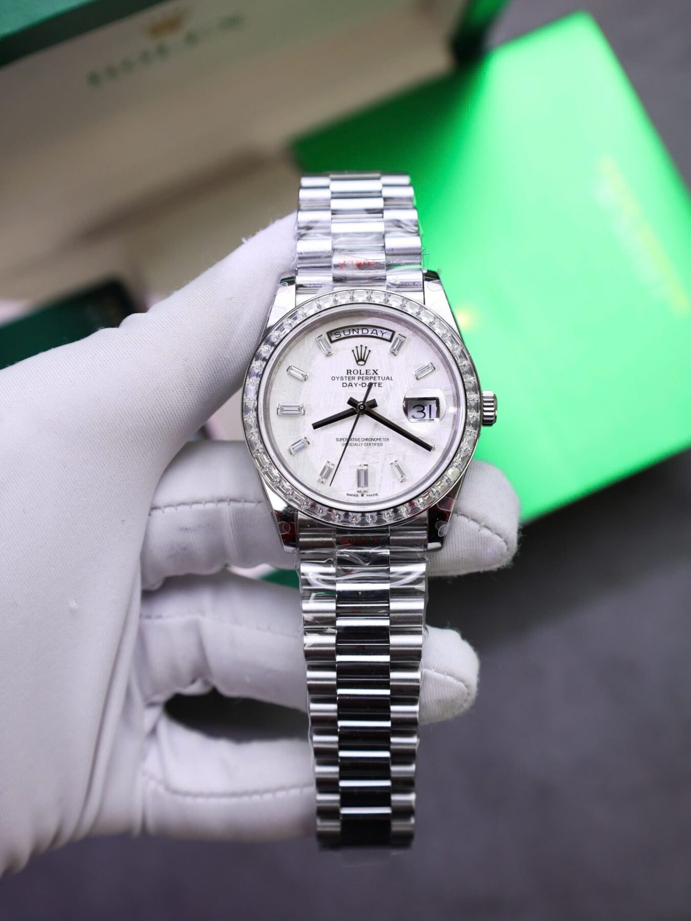 1750589276-497-1.jpg Rolex Day-Date 904L Steel Meteorite Dial Baguette Diamond 40mm Super Clone - 图片 1